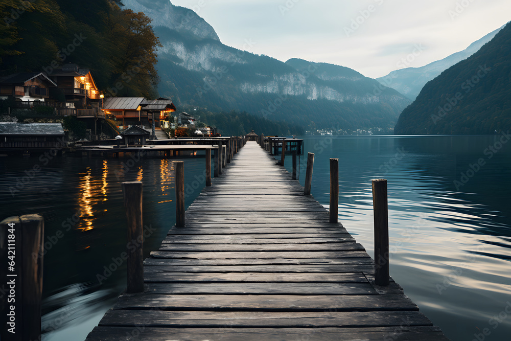 Pier at a lake in hallstatt. nature background