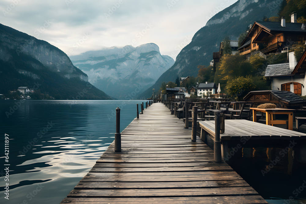 Pier at a lake in hallstatt. nature background