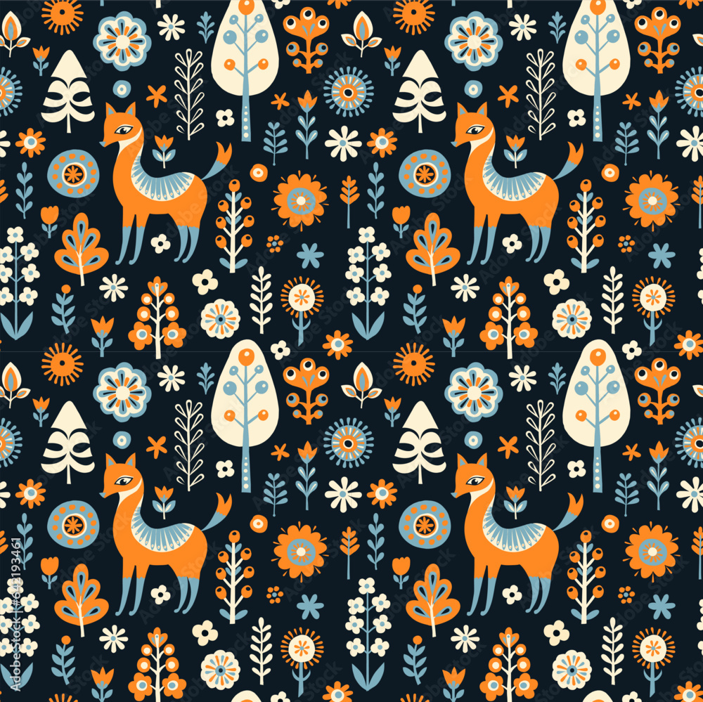 Simple minimalist Scandinavian seamless pattern with fox, forest and flowers