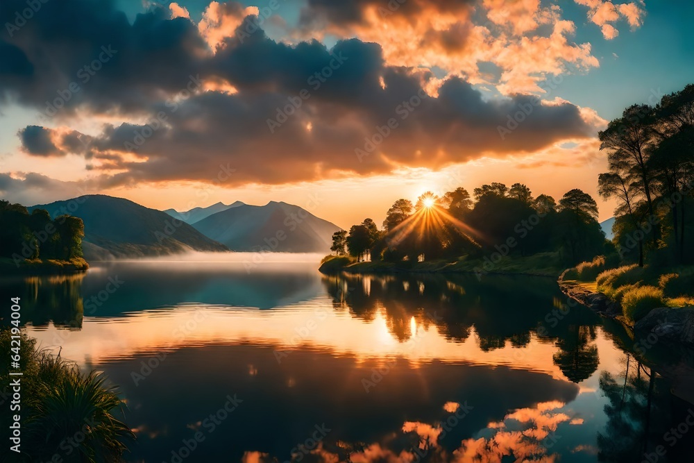 Panorama of beautiful sunrise over lake 