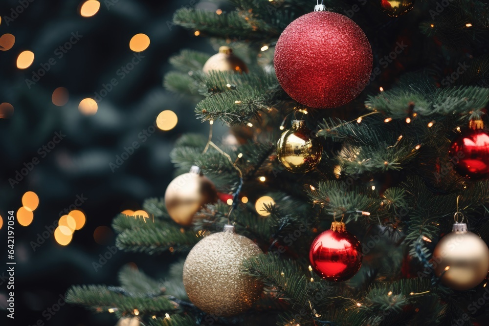 Branches of a Christmas tree with lights decorated with balls and a blurry background