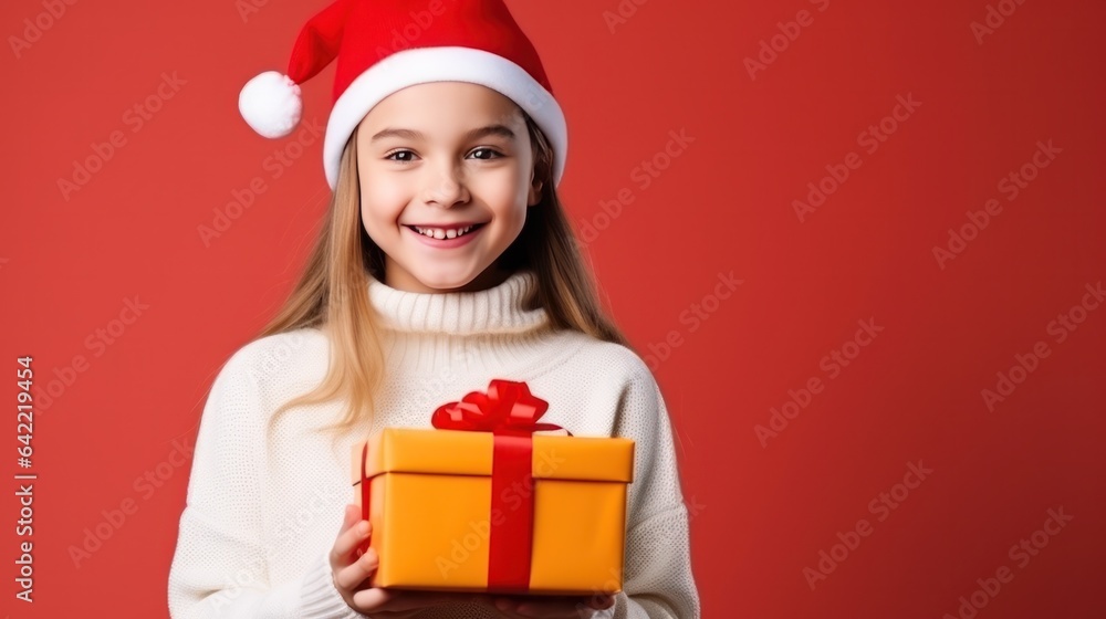 Girl with gift box on vivid background