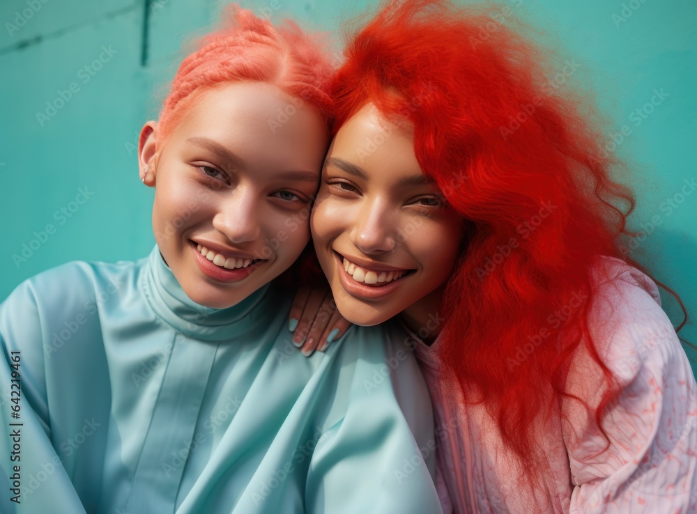 Two sisters are hugging and smiling happy together