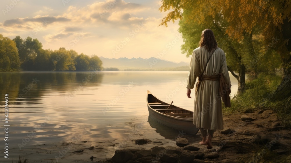 Jesus walking toward a canoe in the lake