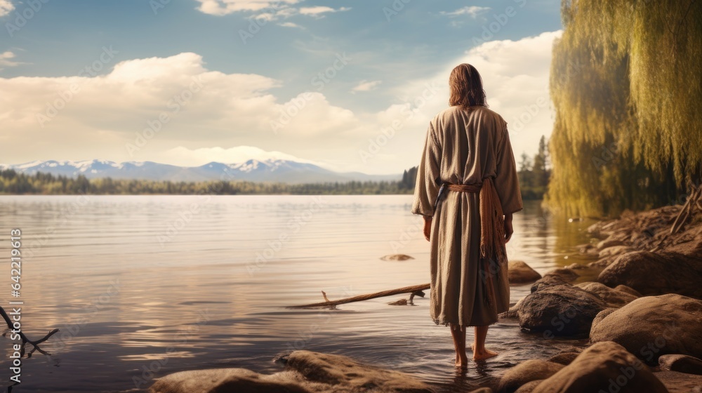 Jesus walking toward a canoe in the lake