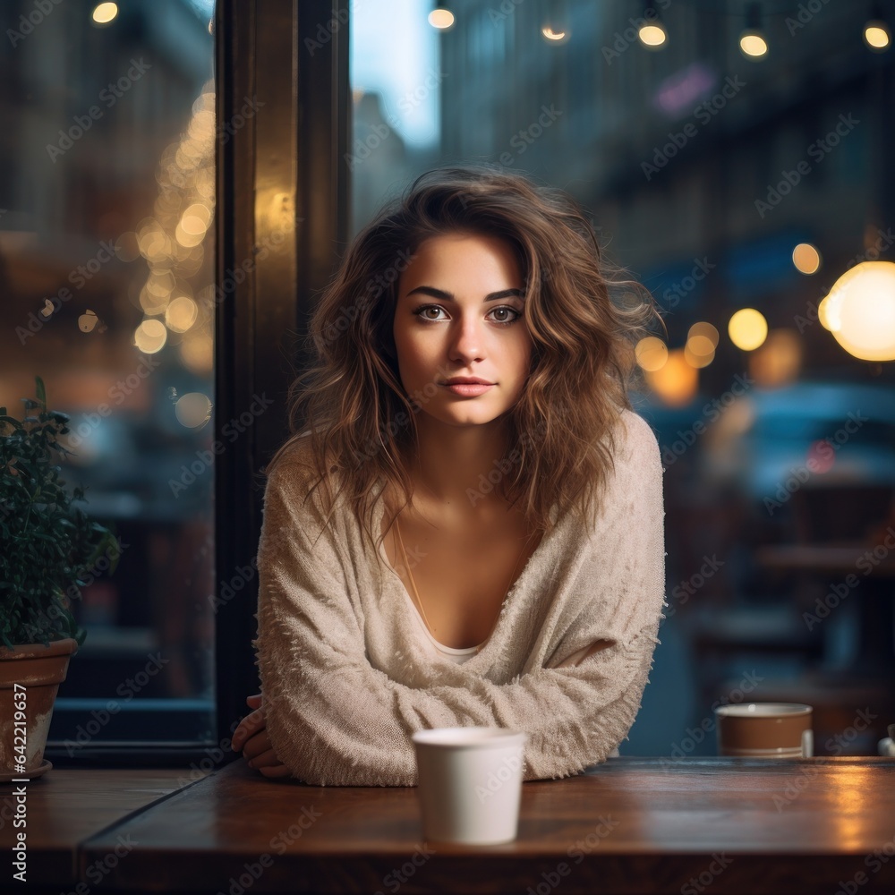 Young woman in street cafe