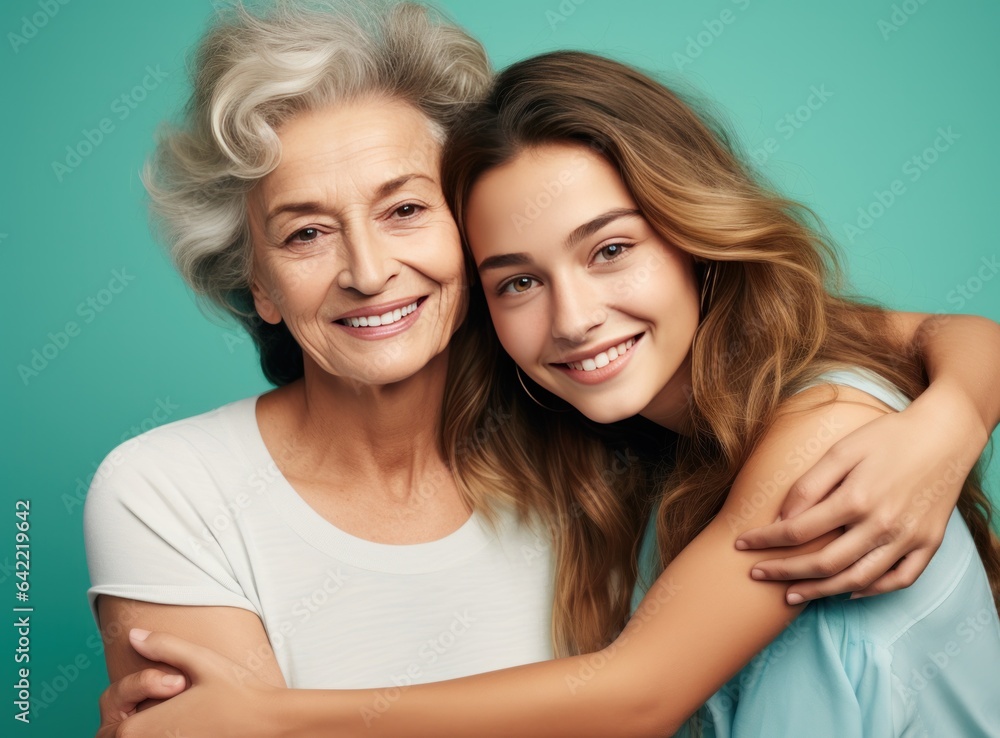 A young lady embraces her grandmother while smiling