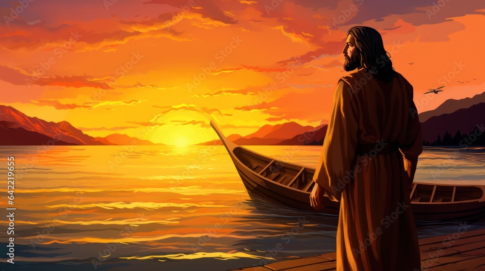 Jesus walking toward a canoe in the lake