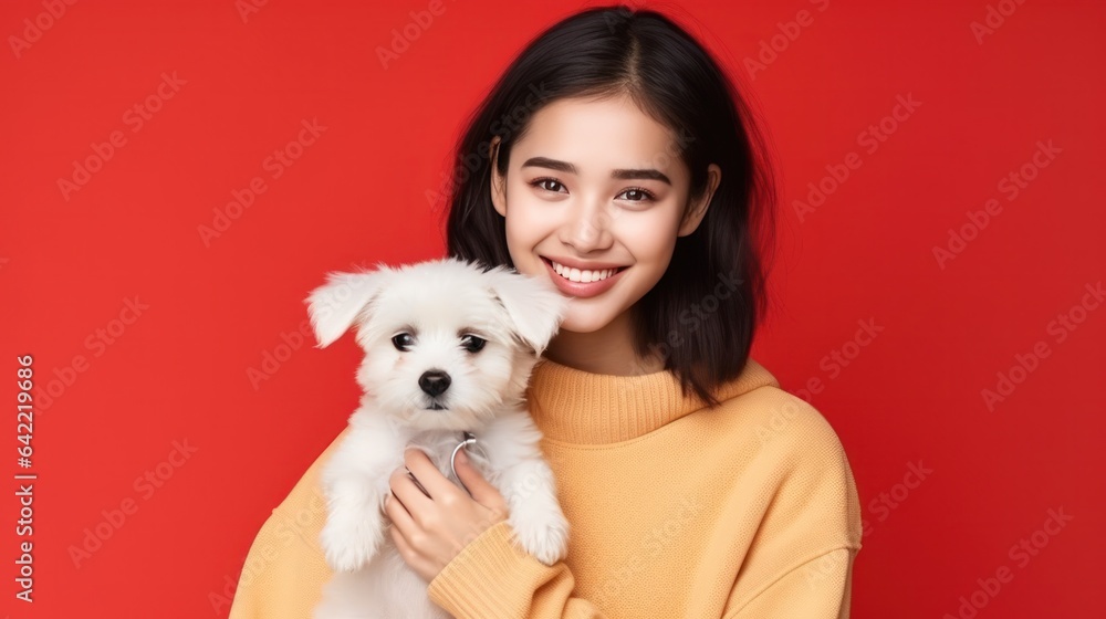 Happy girl with cute little puppy