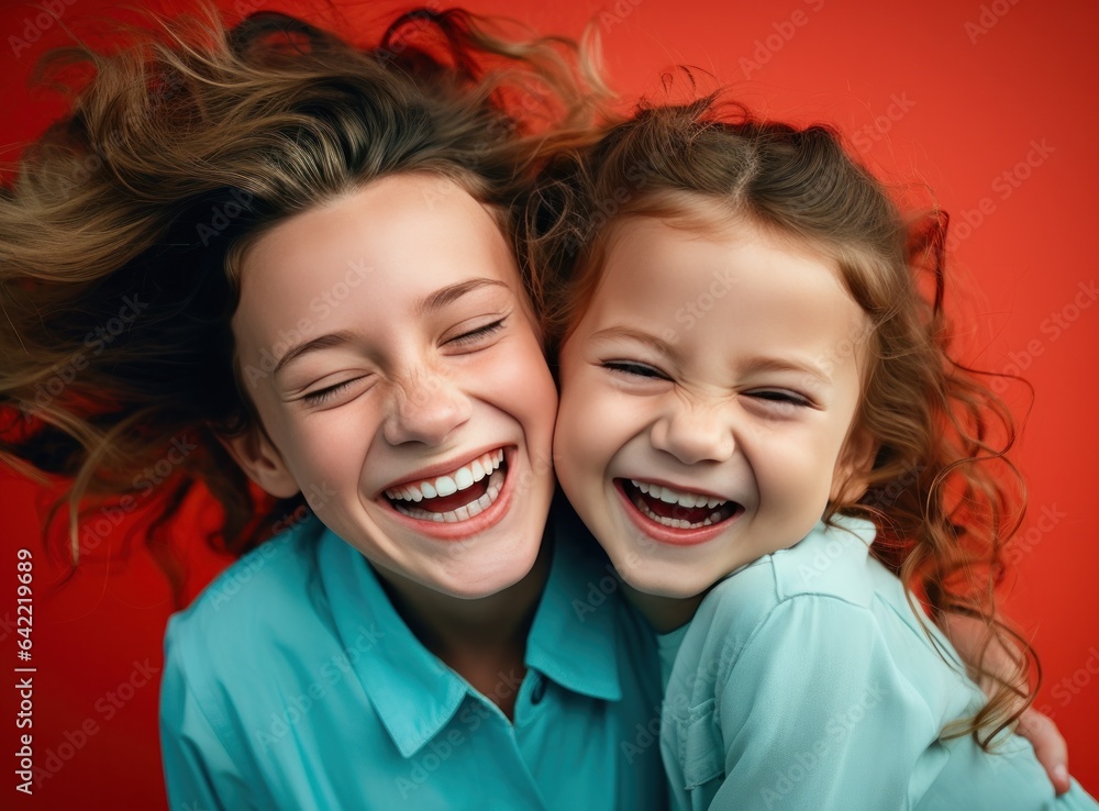 Two sisters are hugging and smiling happy together