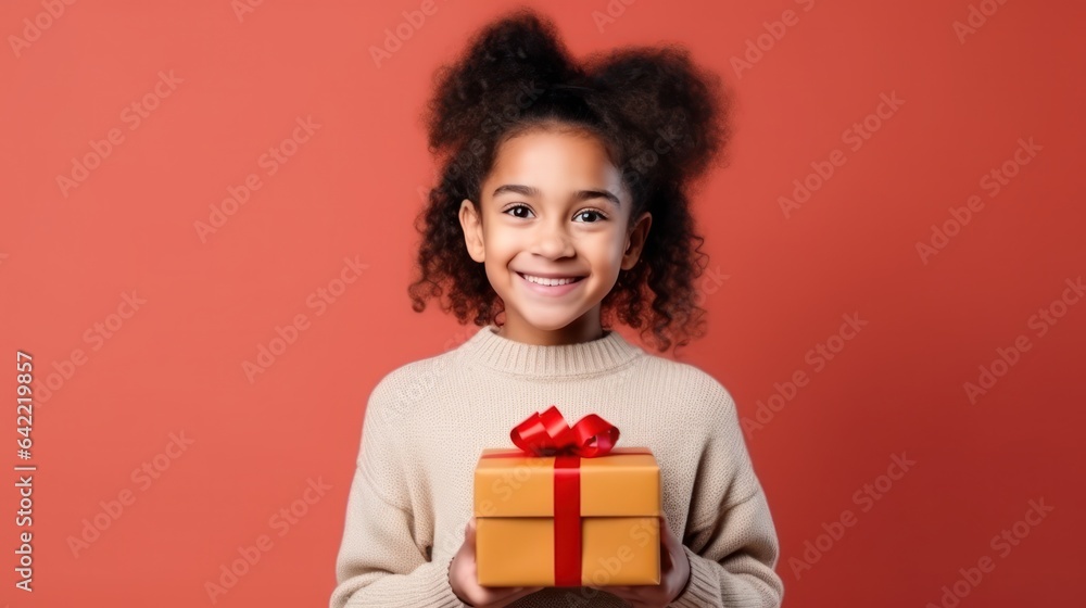 Girl with gift box on vivid background