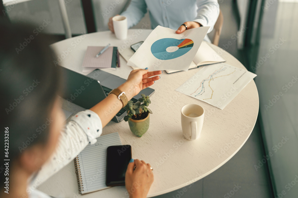 Two business colleagues working with documents together sitting in office.High quality photo