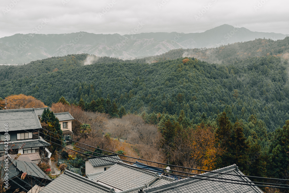 View of Yoshino mountain and old village at autumn in Nara, Japan