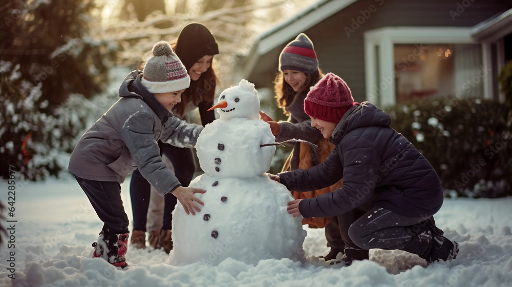 family playing with snowman. Generative AI