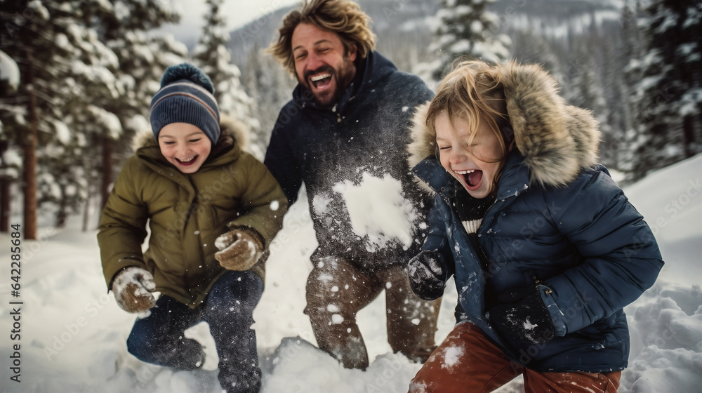 family playing in the forest. Generative AI