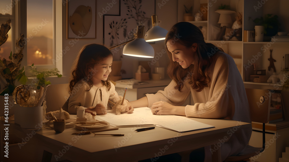 Mother helping her daughter counting and studying together in a house, adult woman helps her child d