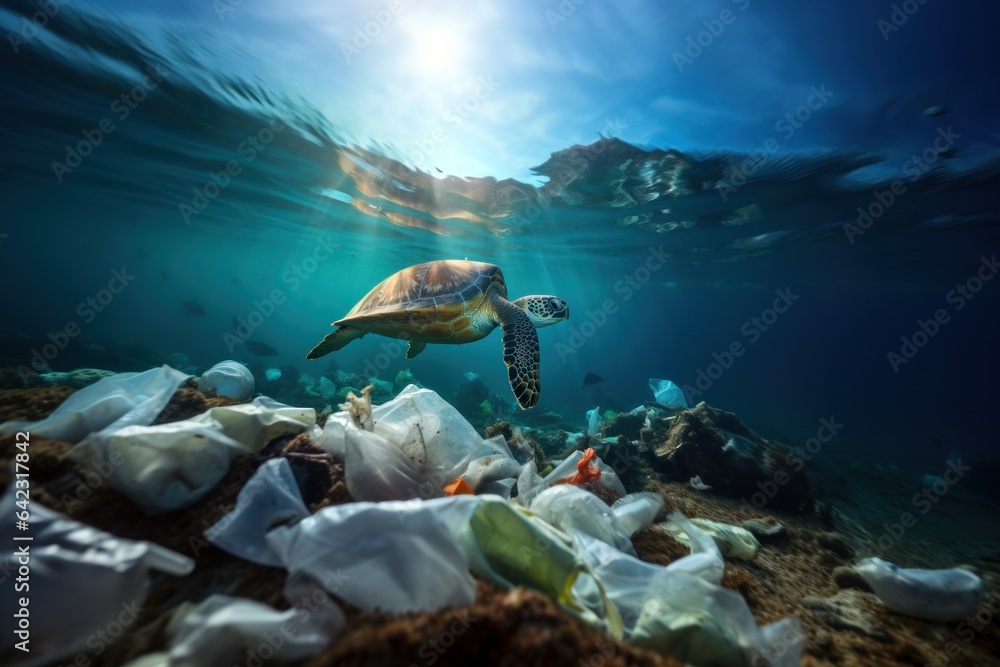 pollution world ocean, sea turtle swims, water polluted household garbage, plastic bags bottles, env