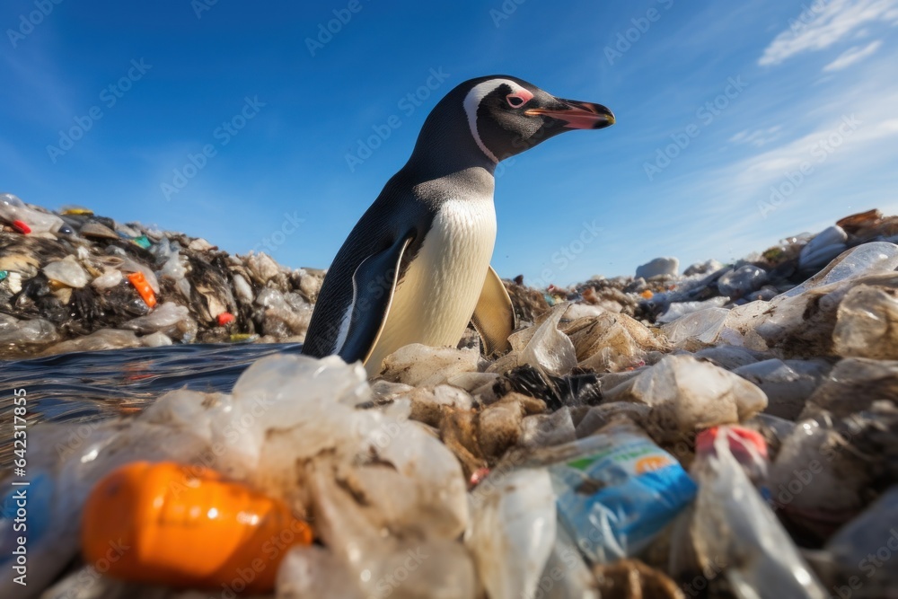 The penguin is standing on the shore, the seashore is littered with piles of garbage, the animal is 