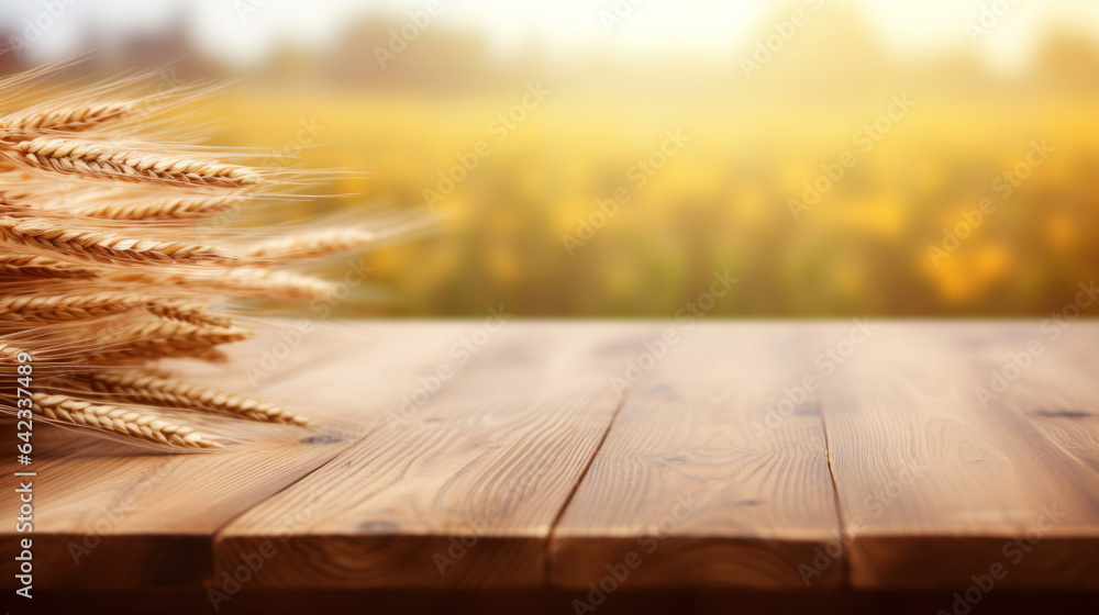 Empty wooden table top with blurred wheat background