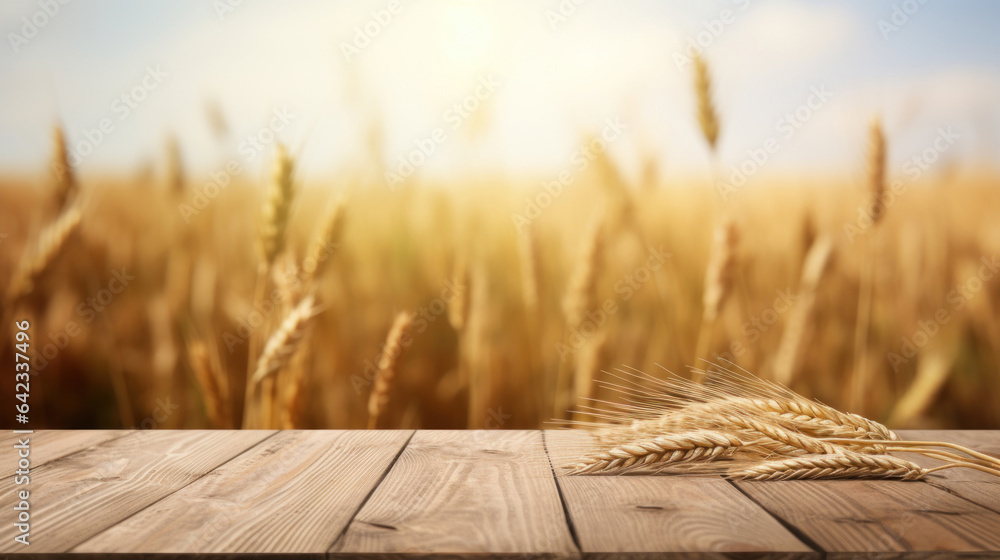 Empty wooden table top with blurred wheat background