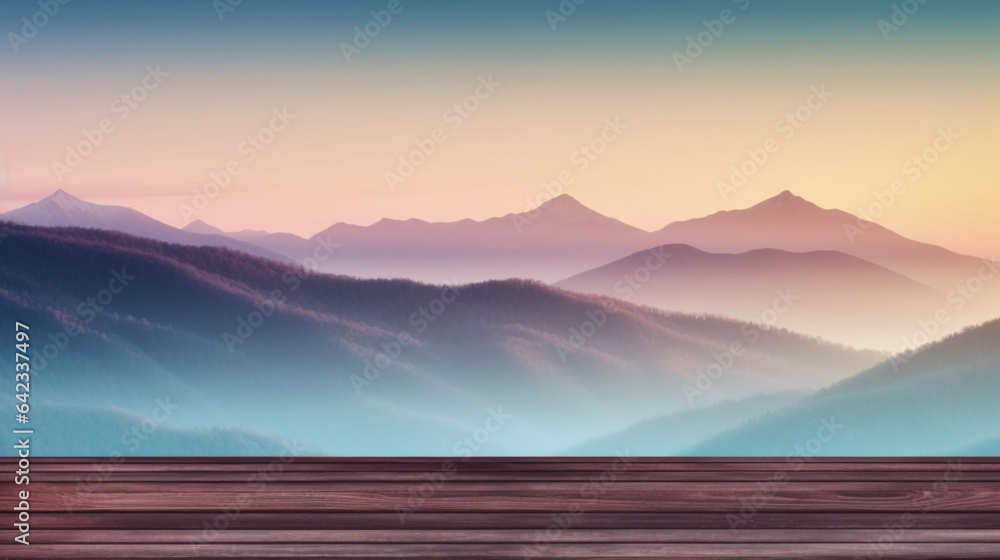 Empty wooden table top with pastel sunrise mountain blur background