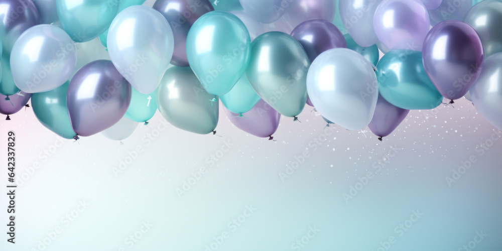 Background with blue, silver, purple, green, white balloons