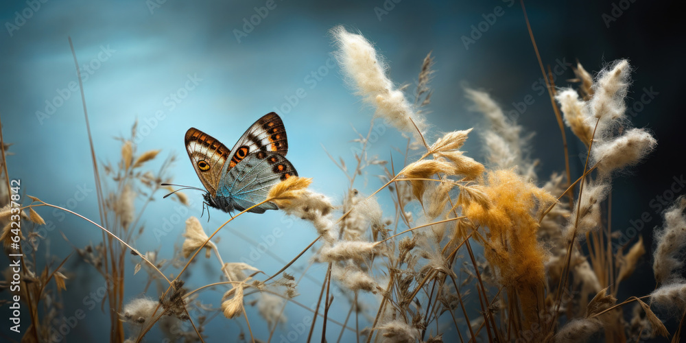 Butterfly on grass with brown wild flowers