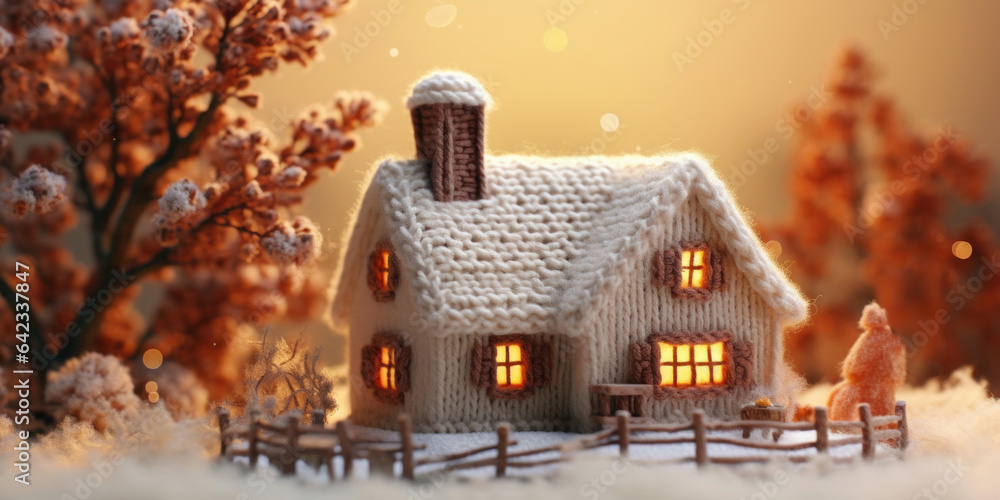 Charming knitted hand-made house: a cozy abode on a blurry winter background