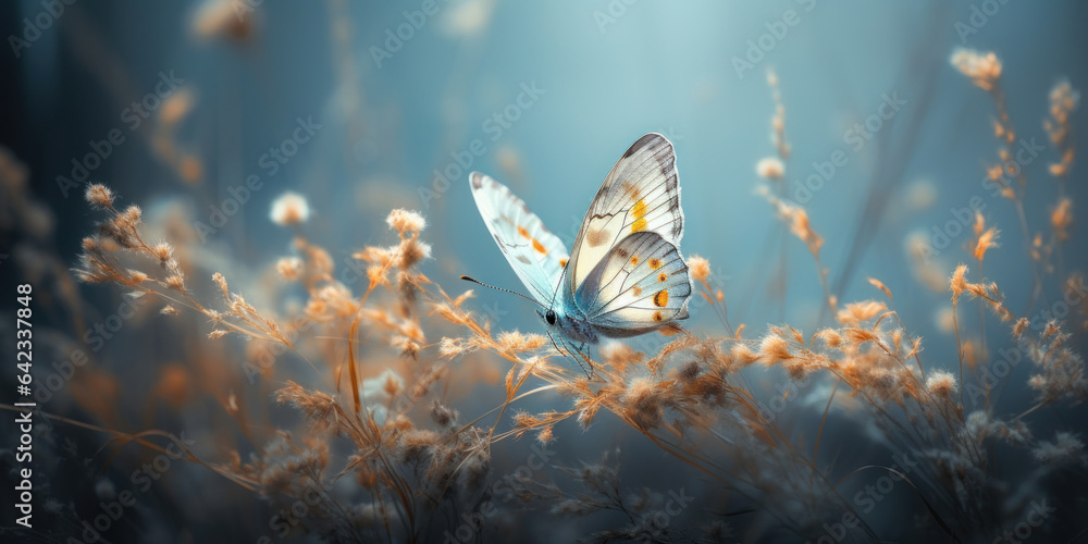 Butterfly on grass with brown wild flowers