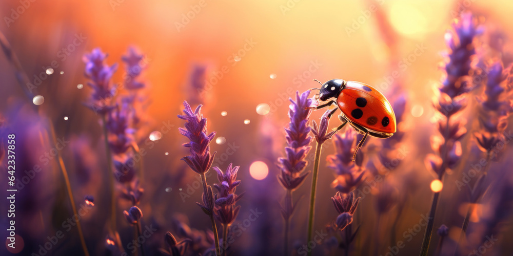 Close up photo, ladybug on grass with brown lupine. Pink, purple, orange colors.