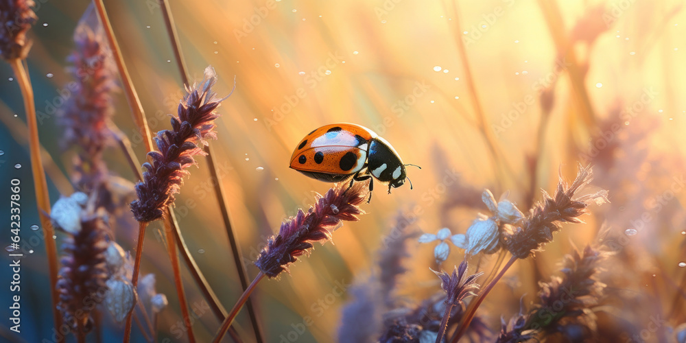 Close up photo, ladybug on grass with brown lupine. Pink, purple, orange colors.