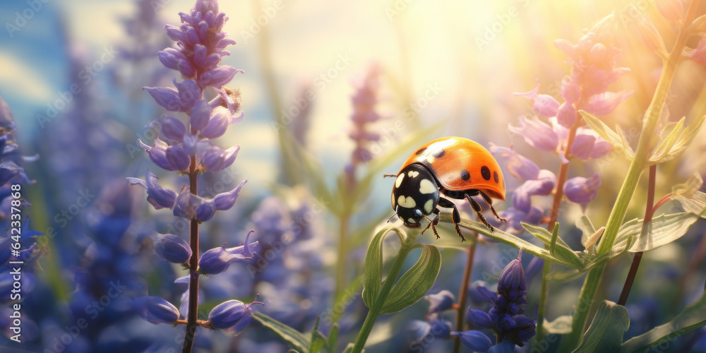 Close up photo, ladybug on grass with brown lupine. Pink, purple, orange colors.