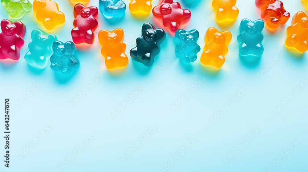 Gummy Jelly Bears Candies background. Sweet tasty backdrop. Generative AI