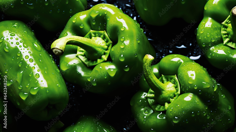 Fresh green bell peppers with water drops background. Vegetables backdrop. Generative AI