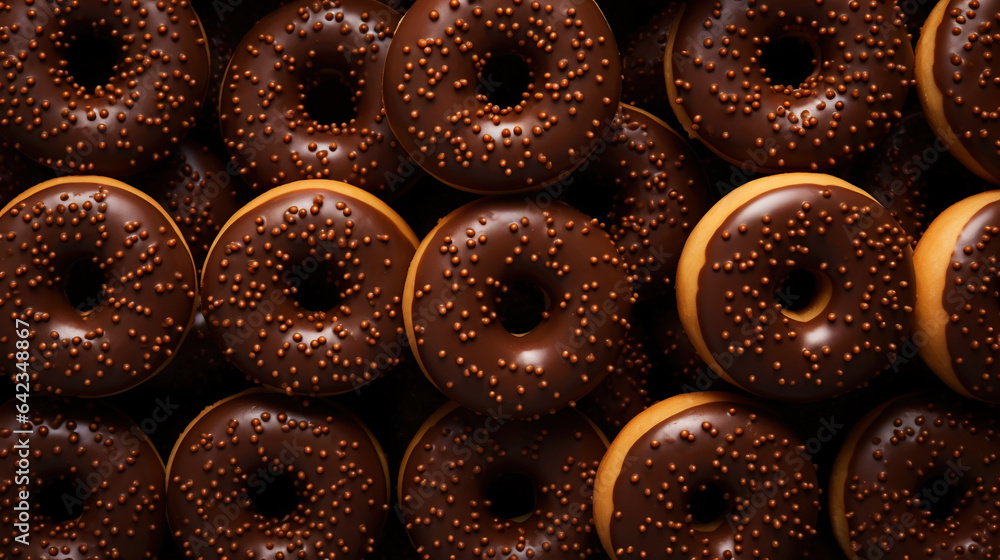 Donut with chocolate glaze background. Round american chocolate doughnuts. Generative AI