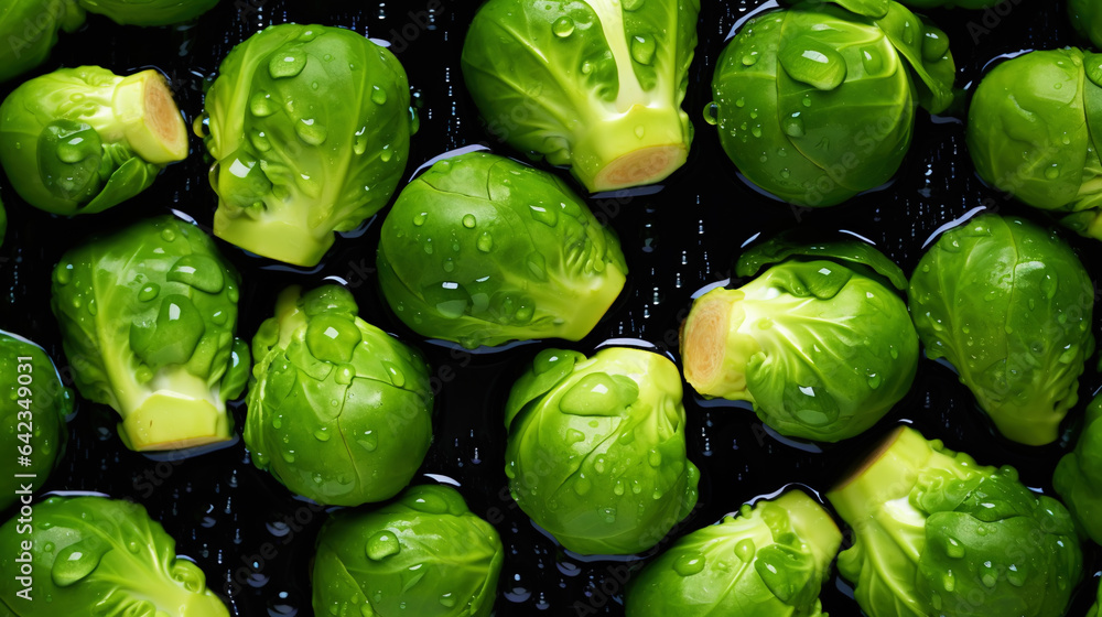 Fresh green brussels sprouts with water drops background. Vegetables backdrop. Generative AI