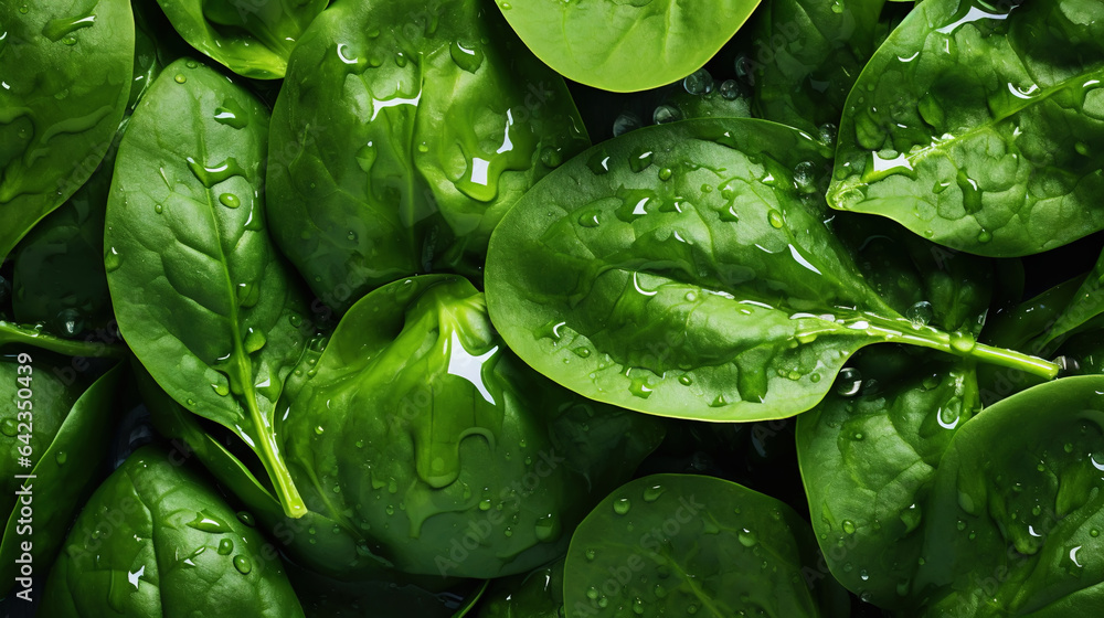 Fresh green spinach leaves with water drops background. Vegetables backdrop. Generative AI