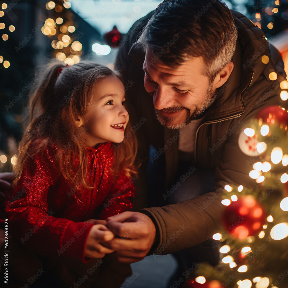 Father and daughter decorate Christmas tree at home. Happy family on holiday. Smiley girl with her d