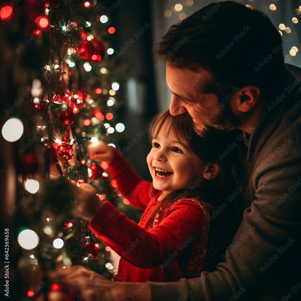 Father and daughter decorate Christmas tree at home. Happy family on holiday. Smiley girl with her d