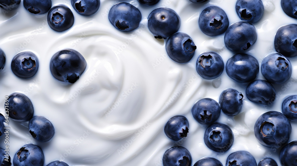 Yogurt and fresh berries blueberries, background. Top view. Generative AI