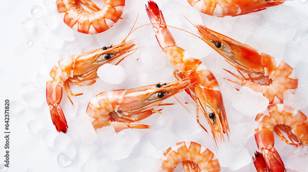 Top view of raw whole king prawns on ice. Seafood background. Generative AI