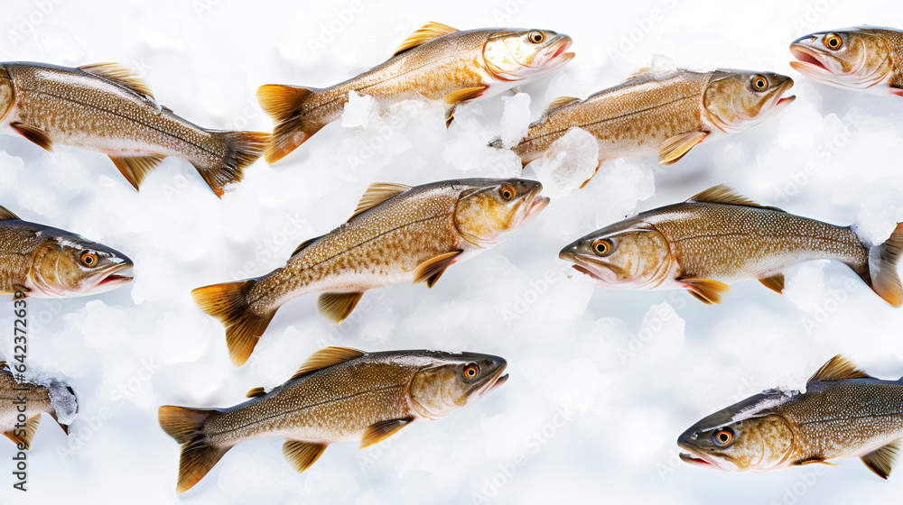 Fresh Horse Mackerel, trachurus on Ice. Seafood background. Generative AI