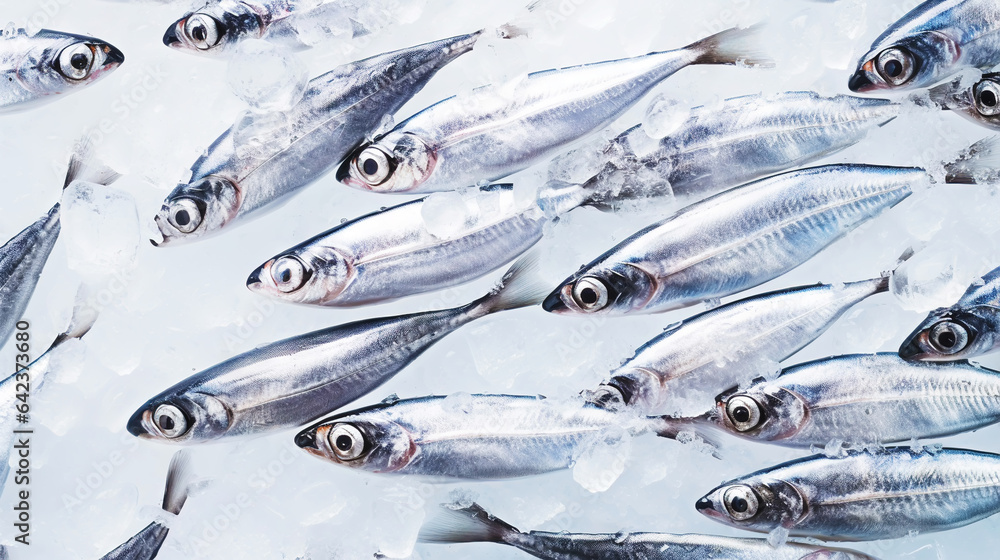  Fresh sardines on ice. Seafood background. Generative AI