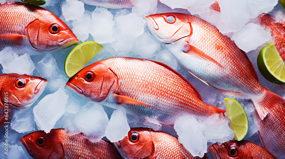 Red snapper fish catch in ice cubes. Seafood background. Generative AI