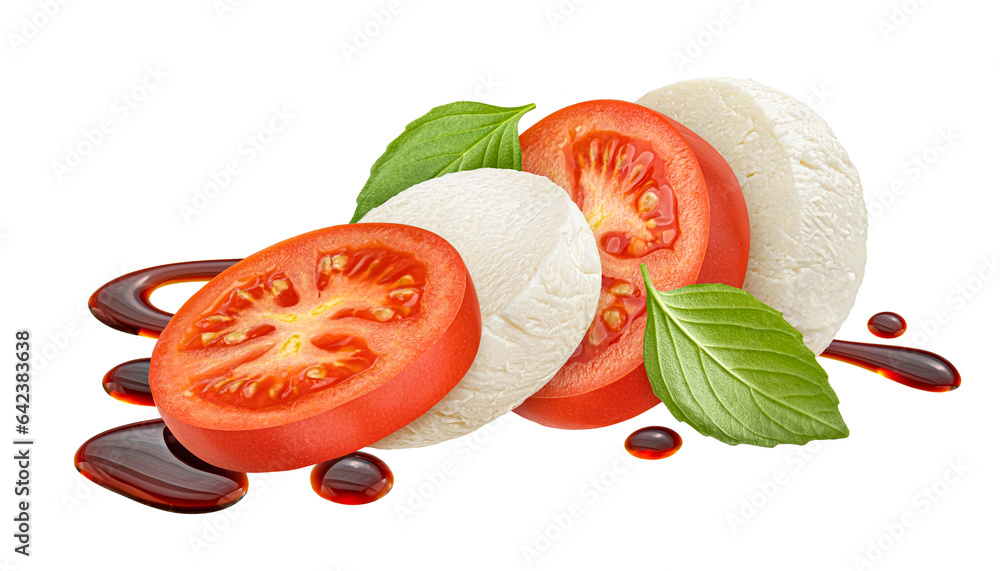 Mozzarella and tomato slices with basil and balsamic dressing isolated on white background