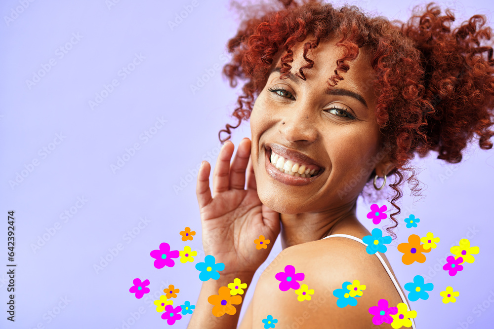 Beauty, flowers and icon portrait of woman in studio for skin care, dermatology and cosmetics. Healt