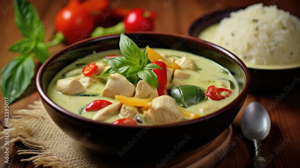 Thai food, Green curry chicken with coconut curry on the wooden floor background. Generative Ai