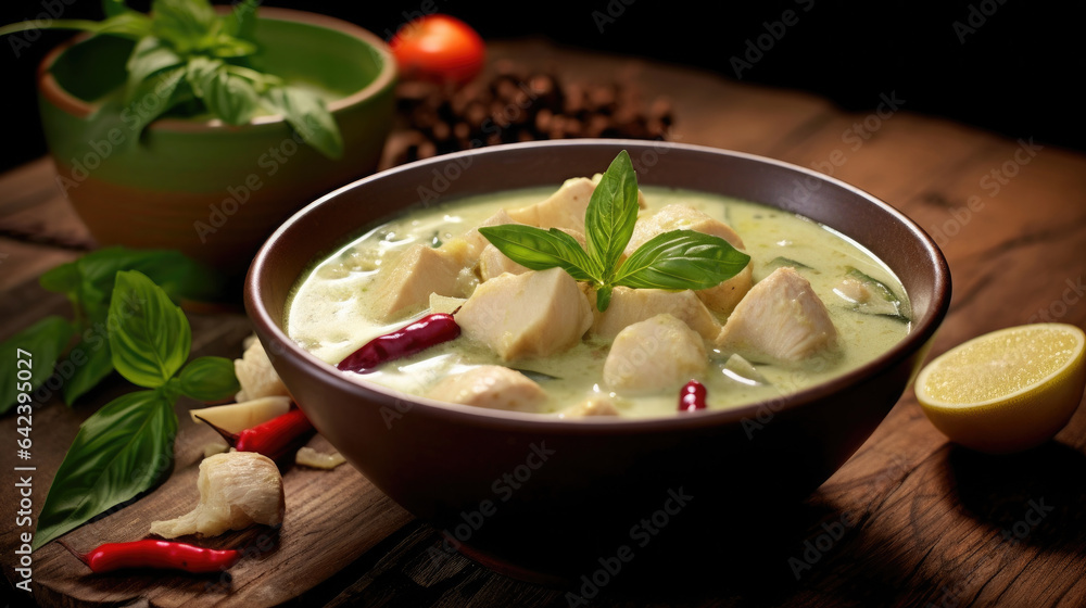 Thai food, Green curry chicken with coconut curry on the wooden floor background. Generative Ai