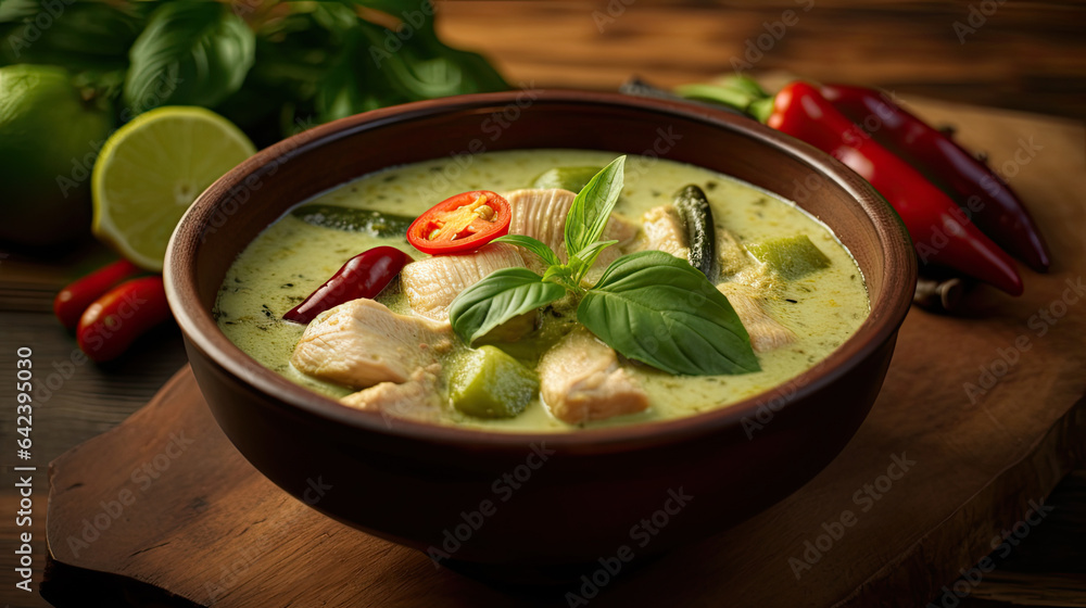 Thai food, Green curry chicken with coconut curry on the wooden floor background. Generative Ai