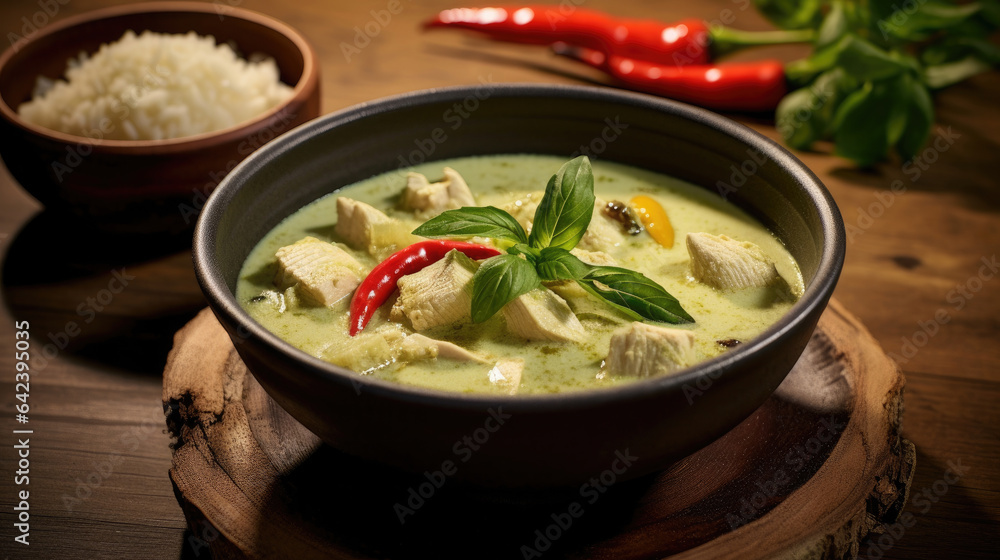 Thai food, Green curry chicken with coconut curry on the wooden floor background. Generative Ai